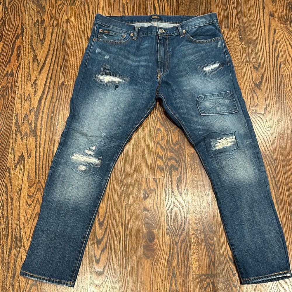 POLO RALPH LAUREN SULLIVAN DISTRESSSED PATCH SLIM MENS TAPERED BLUE JEANS 38/30